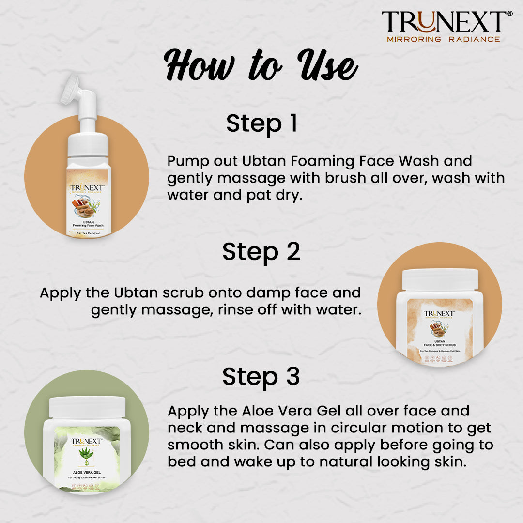 Tan Removal Trio: Ubtan Foaming Face Wash, Ubtan Face and Body Scrub & Aloe Vera Gel