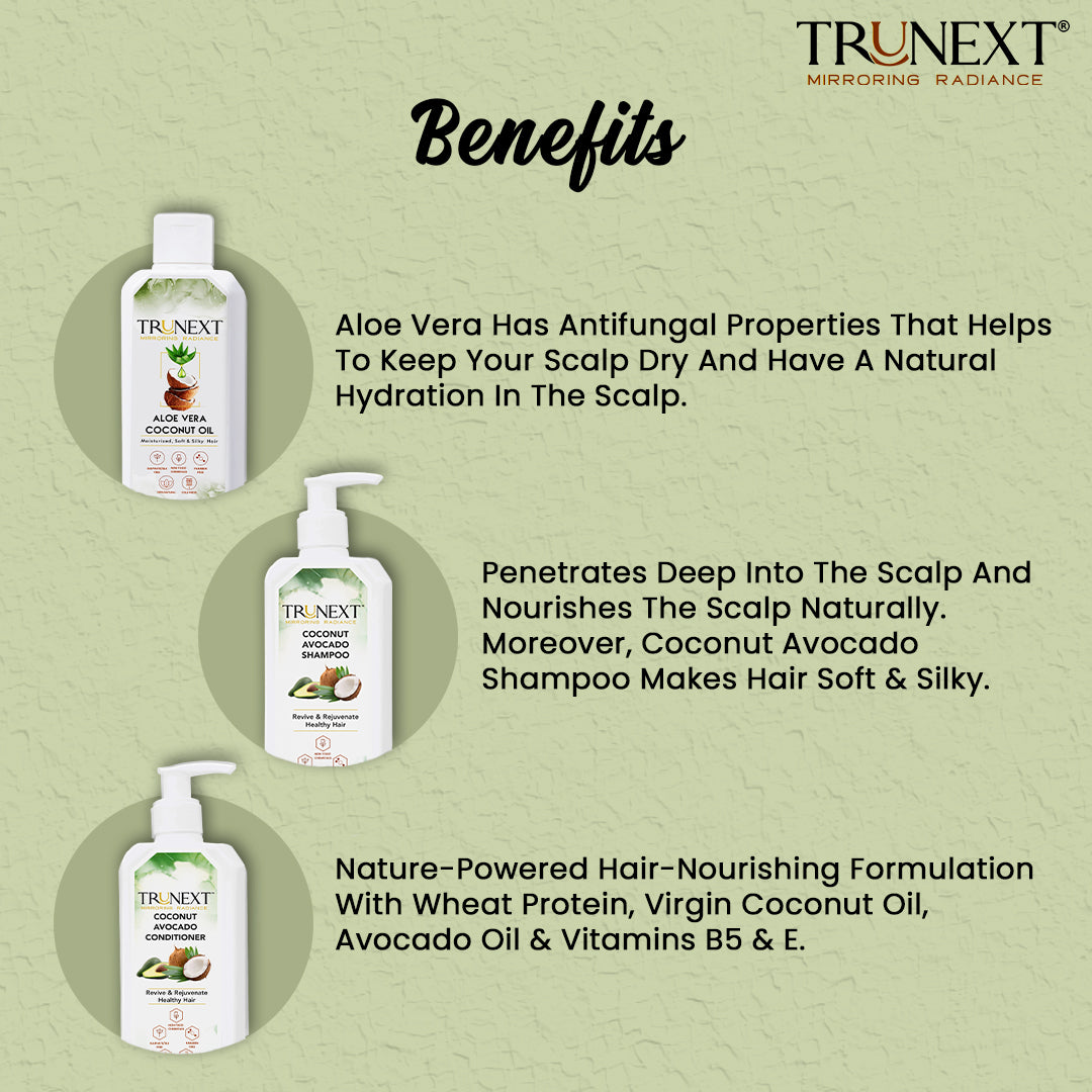 Deal with Dandruff Trio: Coconut Aloe Vera Oil, Coconut Avocado Shampoo And Conditioner