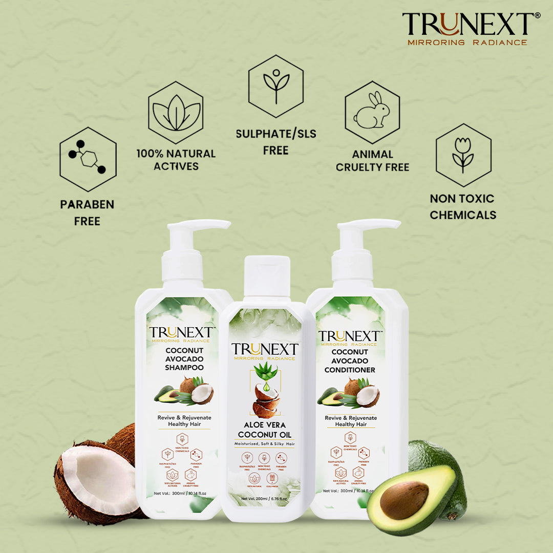 Deal with Dandruff Trio: Coconut Aloe Vera Oil, Coconut Avocado Shampoo And Conditioner