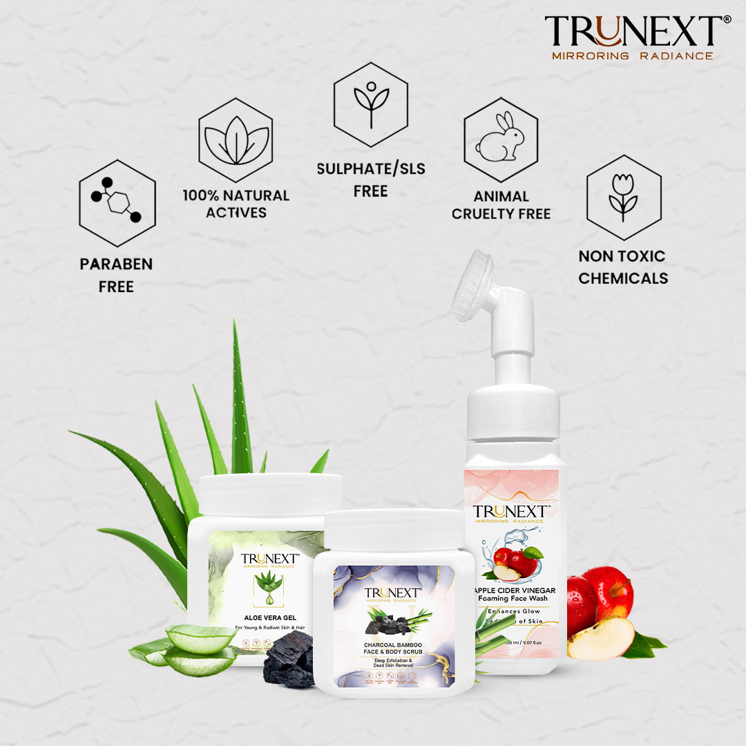 Clear Skin Trio: Charcoal Bamboo Face & Body Scrub, Apple Cider Vinegar Foaming Face Wash and Aloe Vera Gel