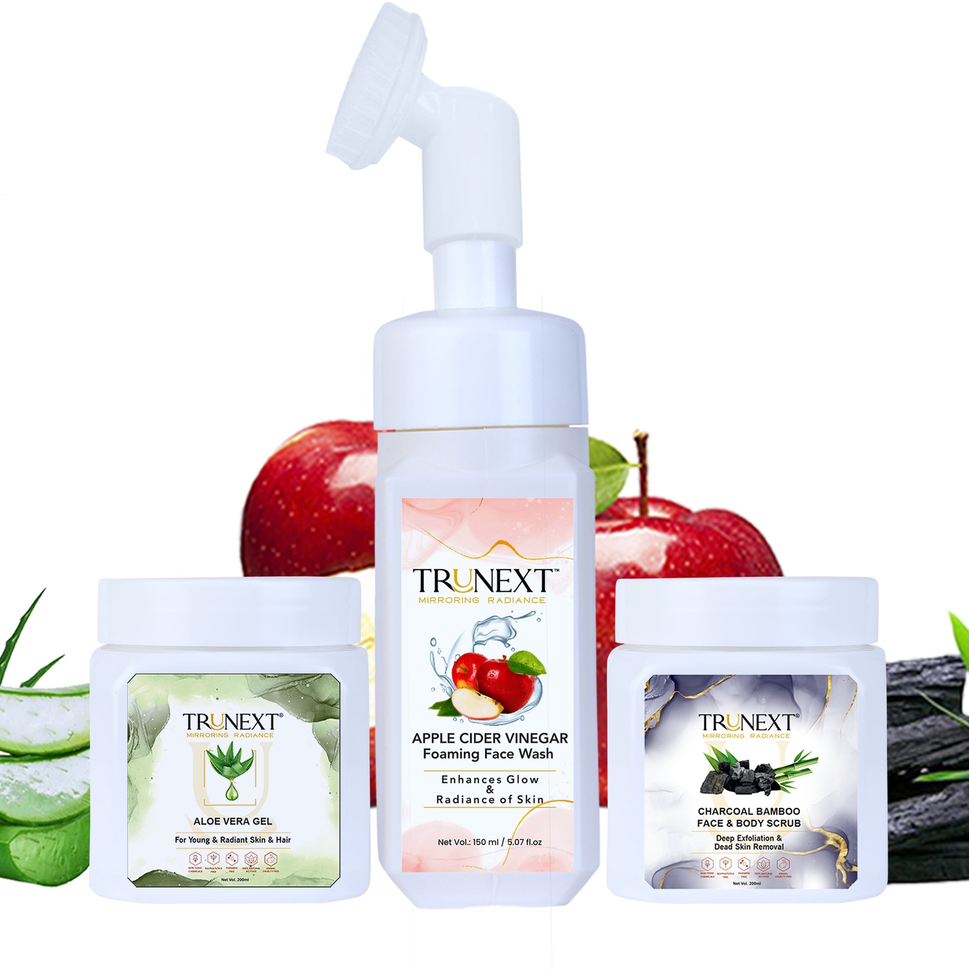 Clear Skin Trio: Charcoal Bamboo Face & Body Scrub, Apple Cider Vinegar Foaming Face Wash and Aloe Vera Gel