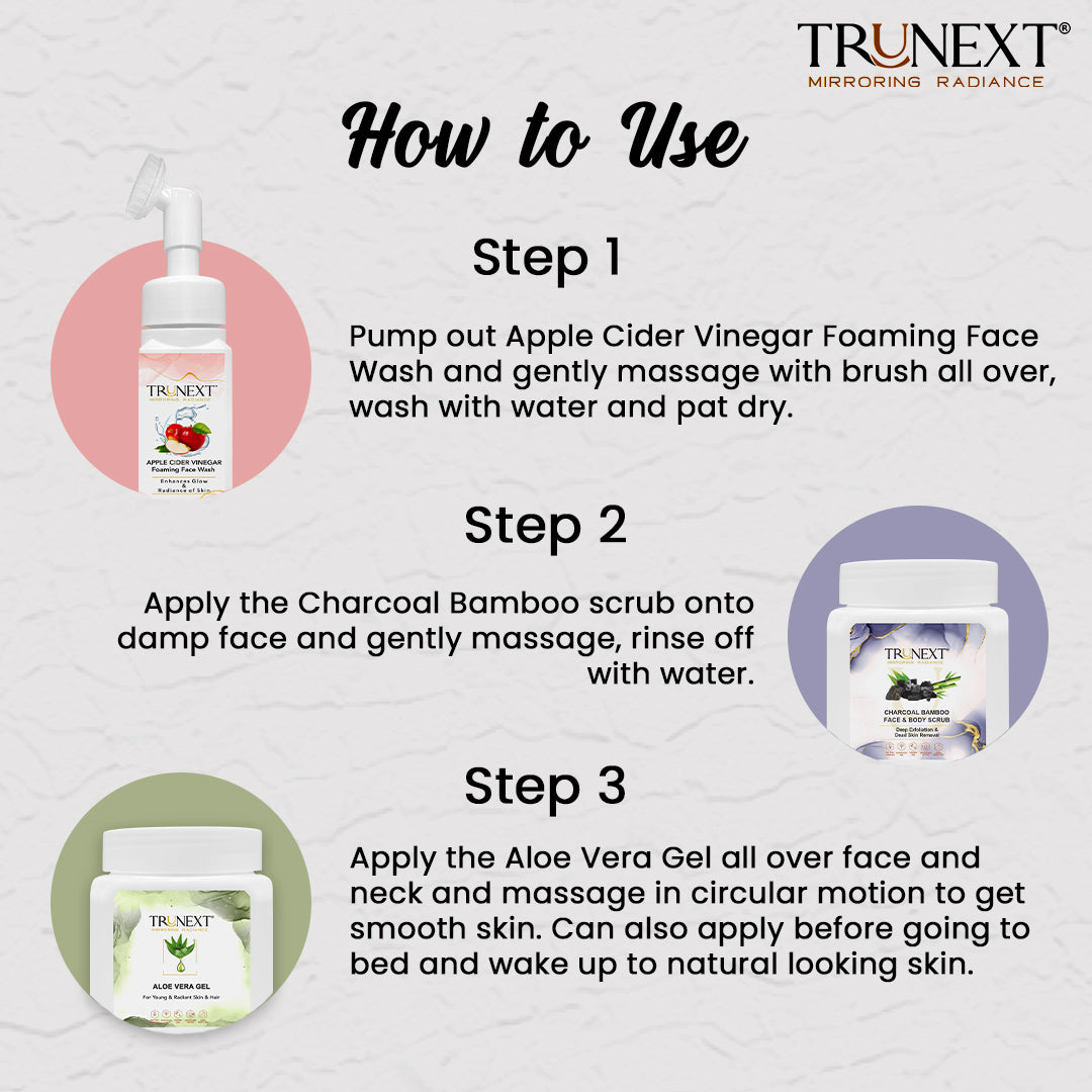 Clear Skin Trio: Charcoal Bamboo Face & Body Scrub, Apple Cider Vinegar Foaming Face Wash and Aloe Vera Gel