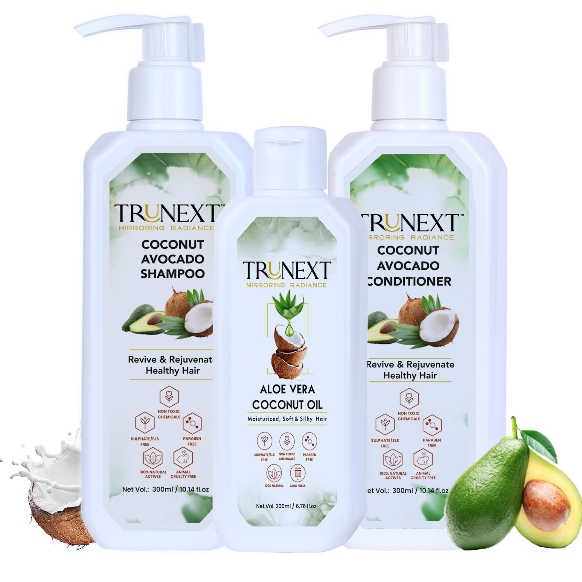 Deal with Dandruff Trio: Coconut Aloe Vera Oil, Coconut Avocado Shampoo And Conditioner