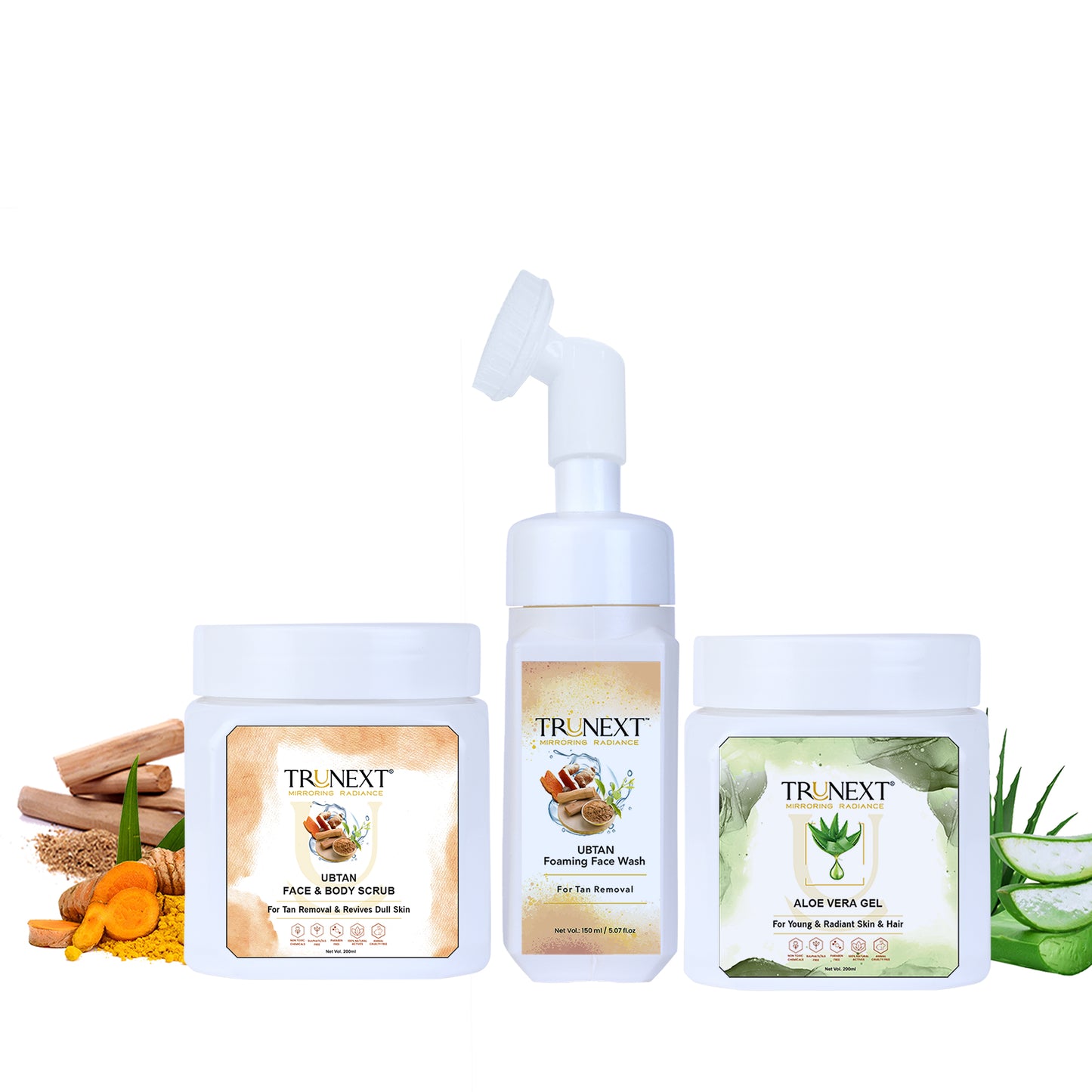 Tan Removal Trio: Ubtan Foaming Face Wash, Ubtan Face and Body Scrub & Aloe Vera Gel