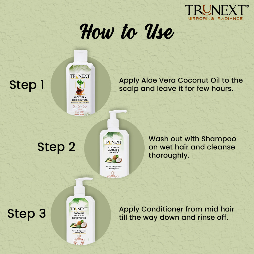 Deal with Dandruff Trio: Coconut Aloe Vera Oil, Coconut Avocado Shampoo And Conditioner